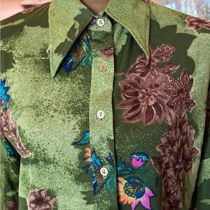 Vintage Poly Miss K Gorgeous Green Floral Print Top with Teal and Pink Accents